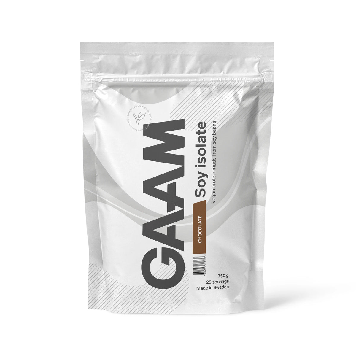 GAAM Soy Isolate 750 g vegaaninen proteiinijauhe valkoisessa pussissa harmailla ja ruskeilla yksityiskohdilla, makuna suklaa., kuva 1/2
