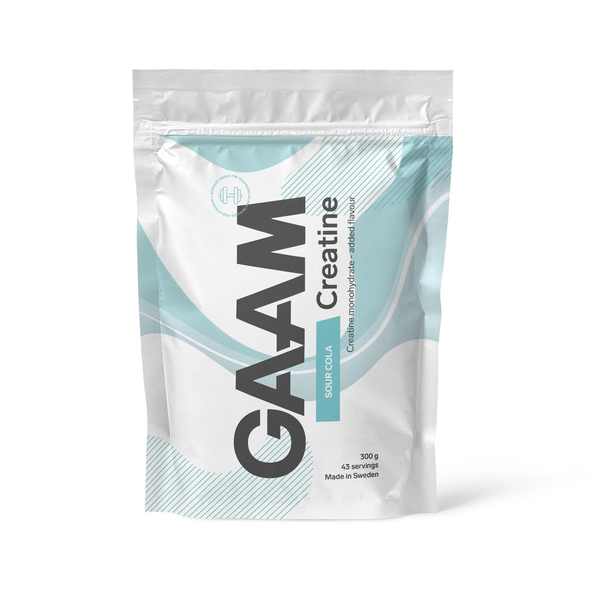 GAAM Creatine 300 g -kreatiinijauhe valkoisessa pussissa vaaleansinisillä yksityiskohdilla, makuna Sour Cola., kuva 1/6