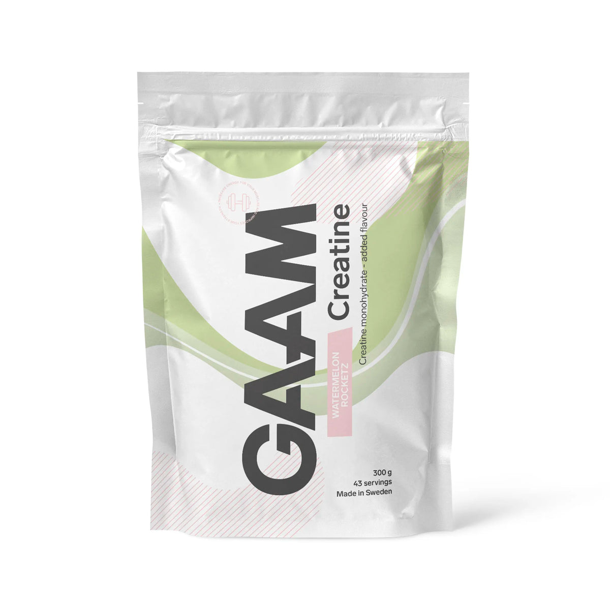 GAAM Creatine 300 g -kreatiinijauhe valkoisessa pussissa vihreillä yksityiskohdilla, makuna Watermelon Rocketz., kuva 2/6