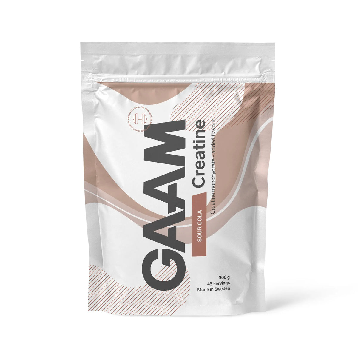 GAAM Creatine 300 g -kreatiinijauhe valkoisessa pussissa ruskeilla yksityiskohdilla, makuna Sour Cola., kuva 3/6