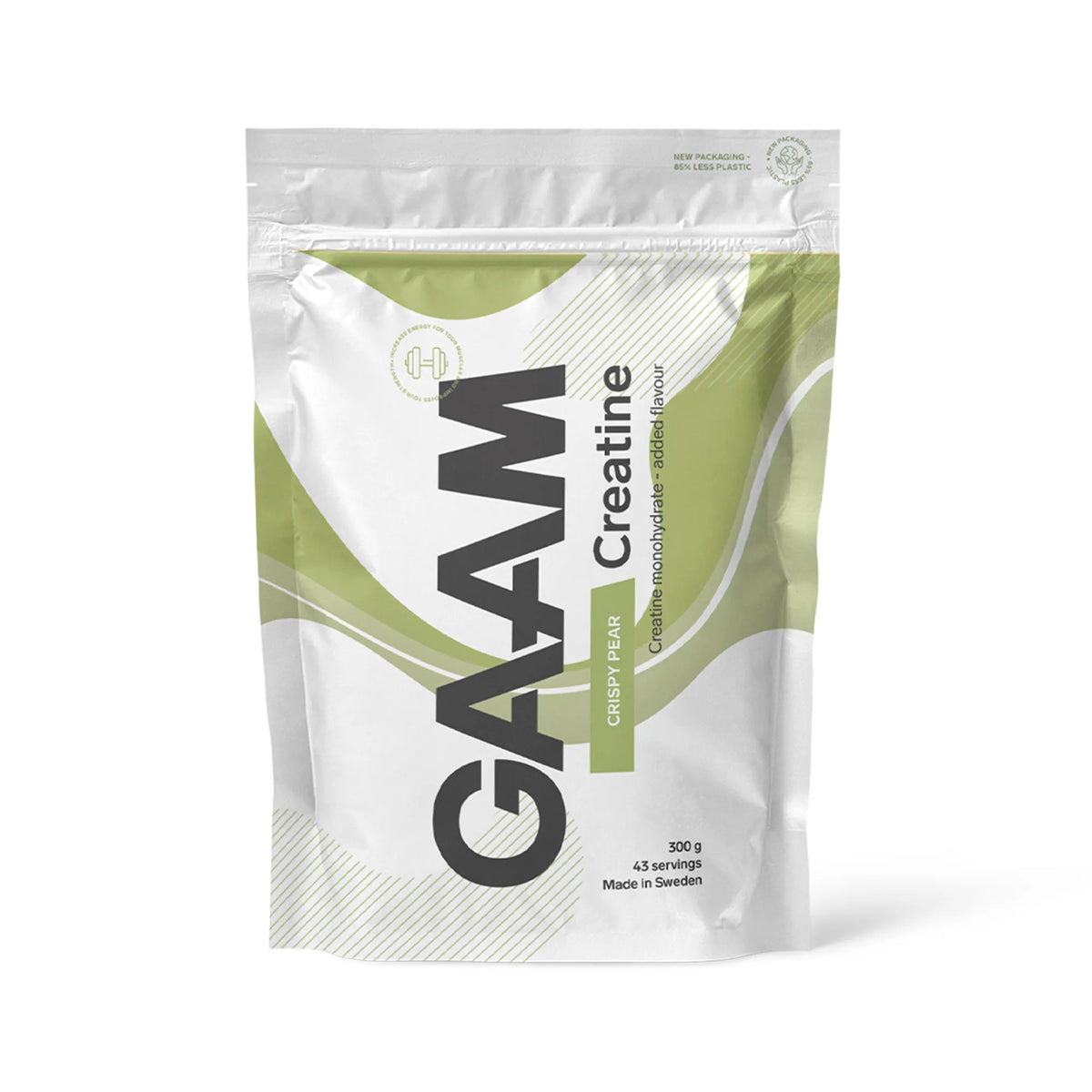 GAAM Creatine 300 g -kreatiinijauhe valkoisessa pussissa vihreillä yksityiskohdilla, makuna Crispy Pear., kuva 4/6