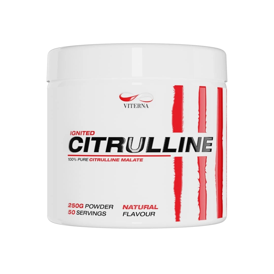Viterna Citrulline Malate 250 g -jauhe valkoisessa purkissa, jossa on punaisia ja mustia yksityiskohtia, makuna Naturell., kuva 1/1