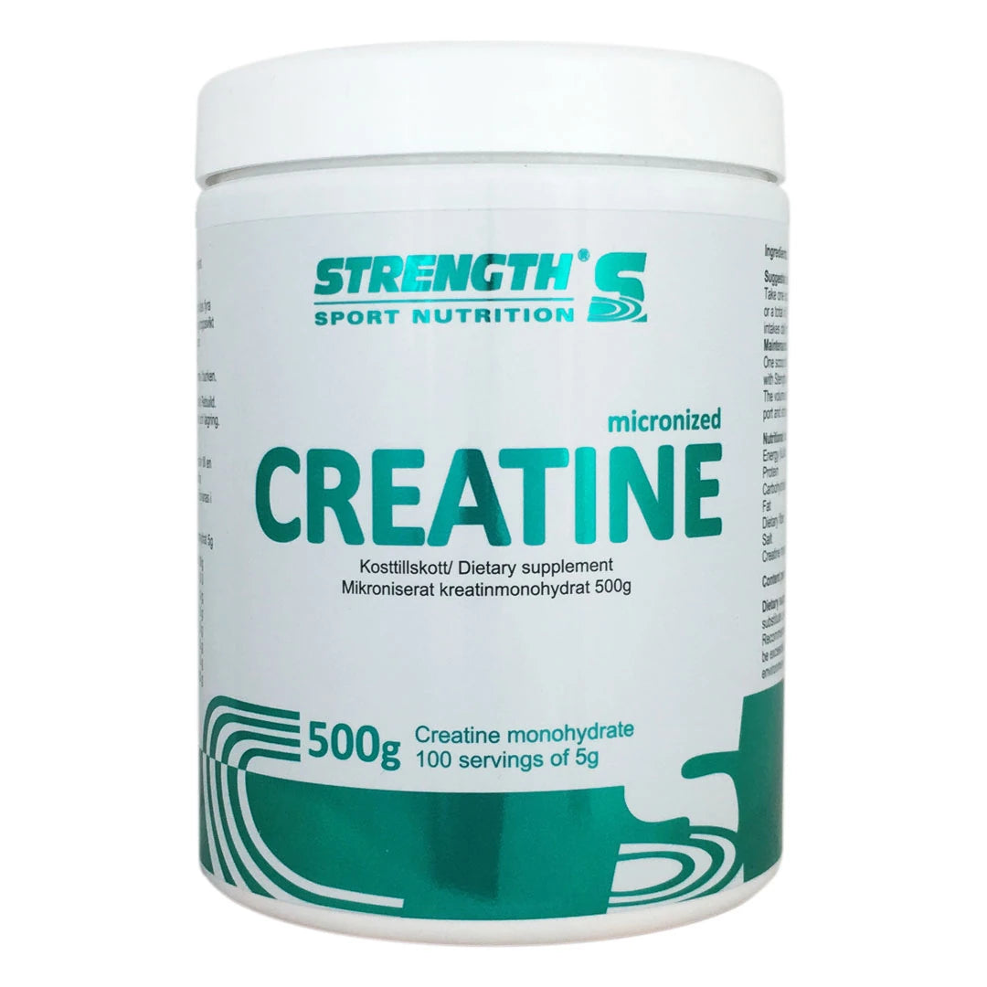 Valkoinen purkki Strength Sport Nutrition Creatine 500 g -kreatiinijauhetta turkooseilla yksityiskohdilla., kuva 1/1