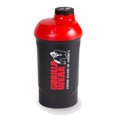 Gorilla Wear Wave Shaker 800 ml Black/Red, musta muovinen shaker punaisella kannella ja valkoisella logolla.