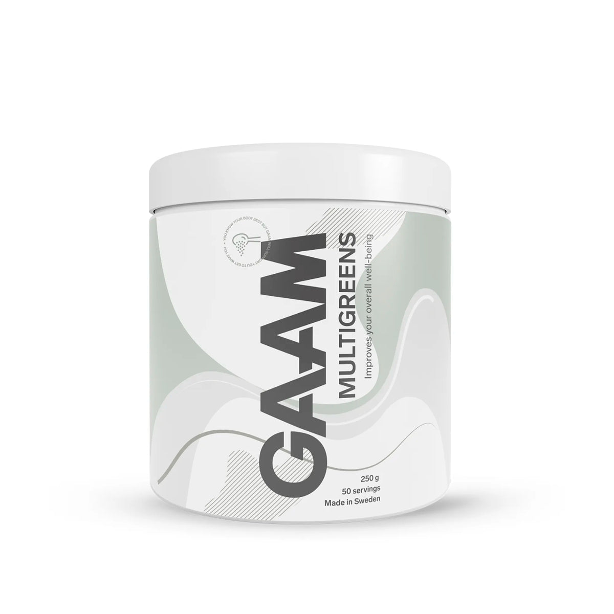 GAAM Multigreens 250 g -viherjauhe tyylikkäässä valkoisessa purkissa vaaleanvihreillä ja harmailla yksityiskohdilla., kuva 1/1
