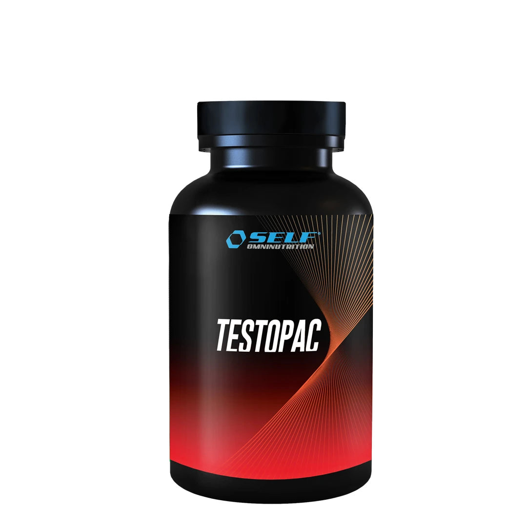 Self Omninutrition TestoPac 120 caps -testosteronibuusteri mustassa purkissa, jossa on punaisia graafisia yksityiskohtia., kuva 1/1