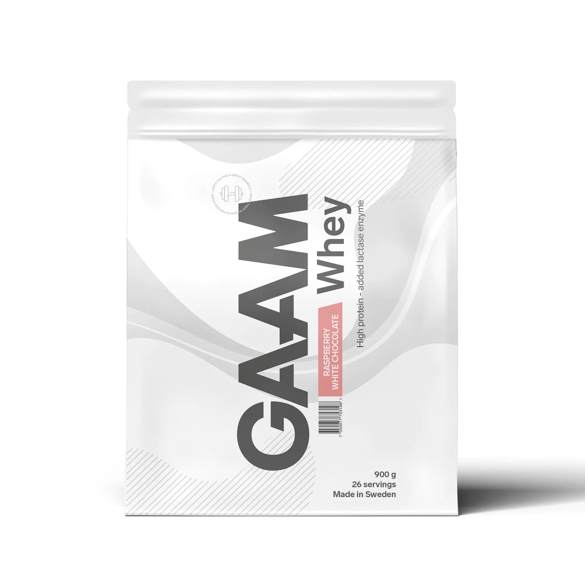 GAAM Whey 900 g Raspberry White Chocolate -heraproteiinijauhe valkoisessa pussissa., kuva 3/17