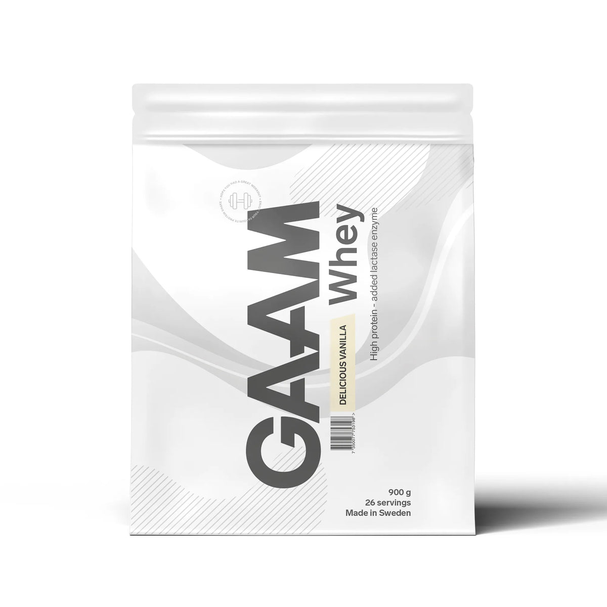 Valkoinen pussi GAAM Whey 900 g -proteiinijauhetta maussa Delicious Vanilla., kuva 1/17