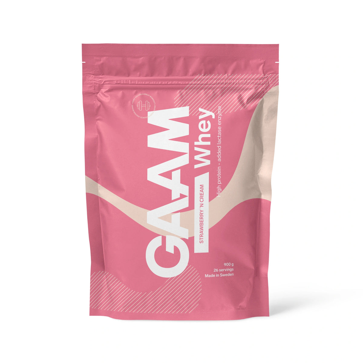 GAAM Whey 900 g -proteiinijauhe vaaleanpunaisessa pussissa beigeillä yksityiskohdilla, makuna Strawberry 'N Cream., kuva 17/17