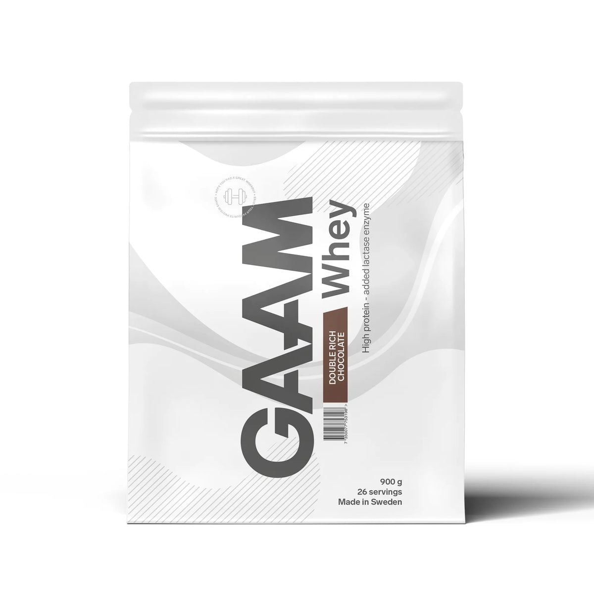 Valkoinen pussi GAAM Whey 900 g -proteiinijauhetta, makuna Double Rich Chocolate., kuva 9/17