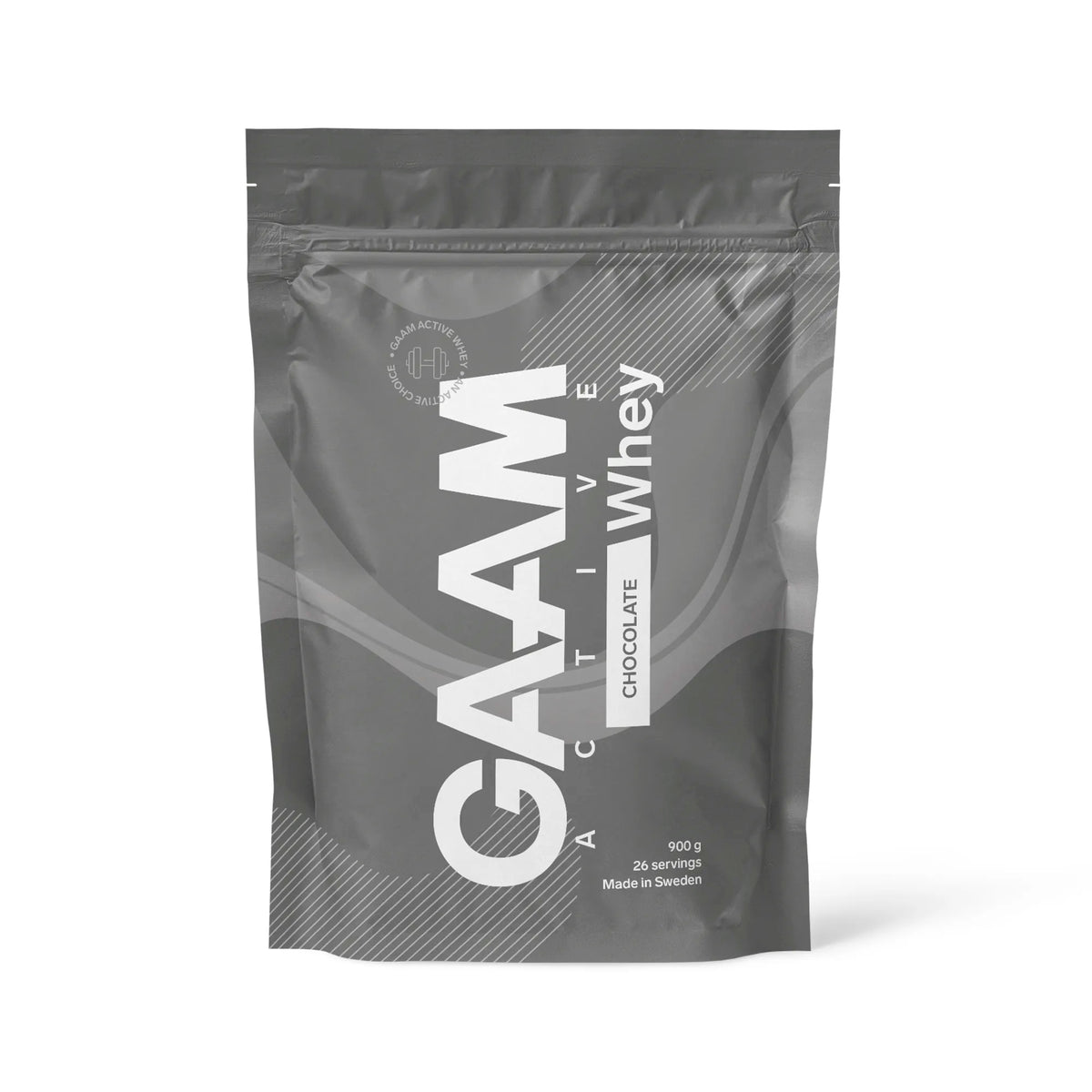 GAAM Active Whey 900 g proteinpulver i en mörkgrå påse med vit text för smaken Chocolate., bild 1 av 3