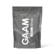 GAAM Active Whey 900 g -proteiinijauhe tummanharmaassa pussissa valkoisilla yksityiskohdilla, makuna Vanilla.