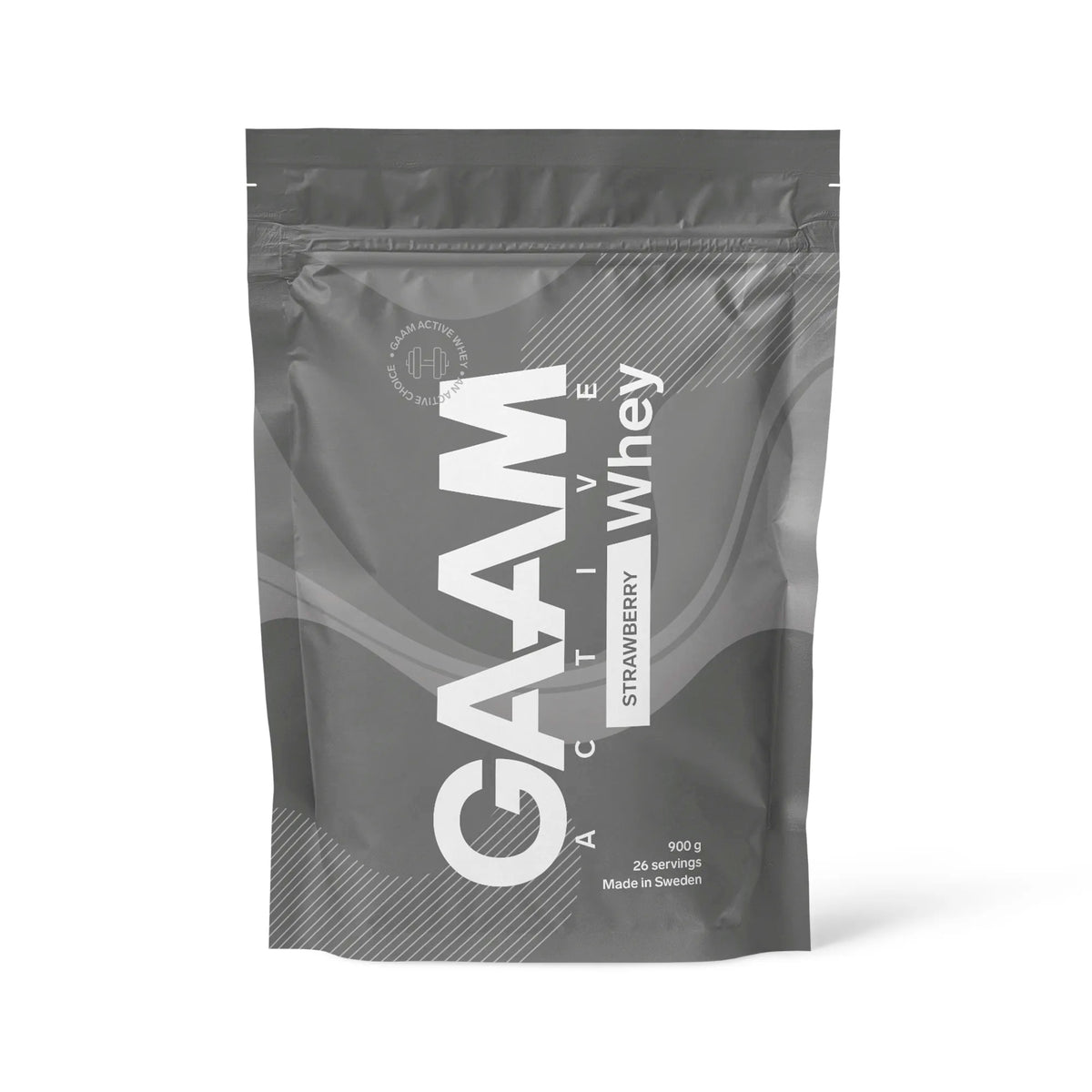 GAAM Active Whey 900 g proteinpulver i en grå påse med vita detaljer för smaken Strawberry., bild 3 av 3