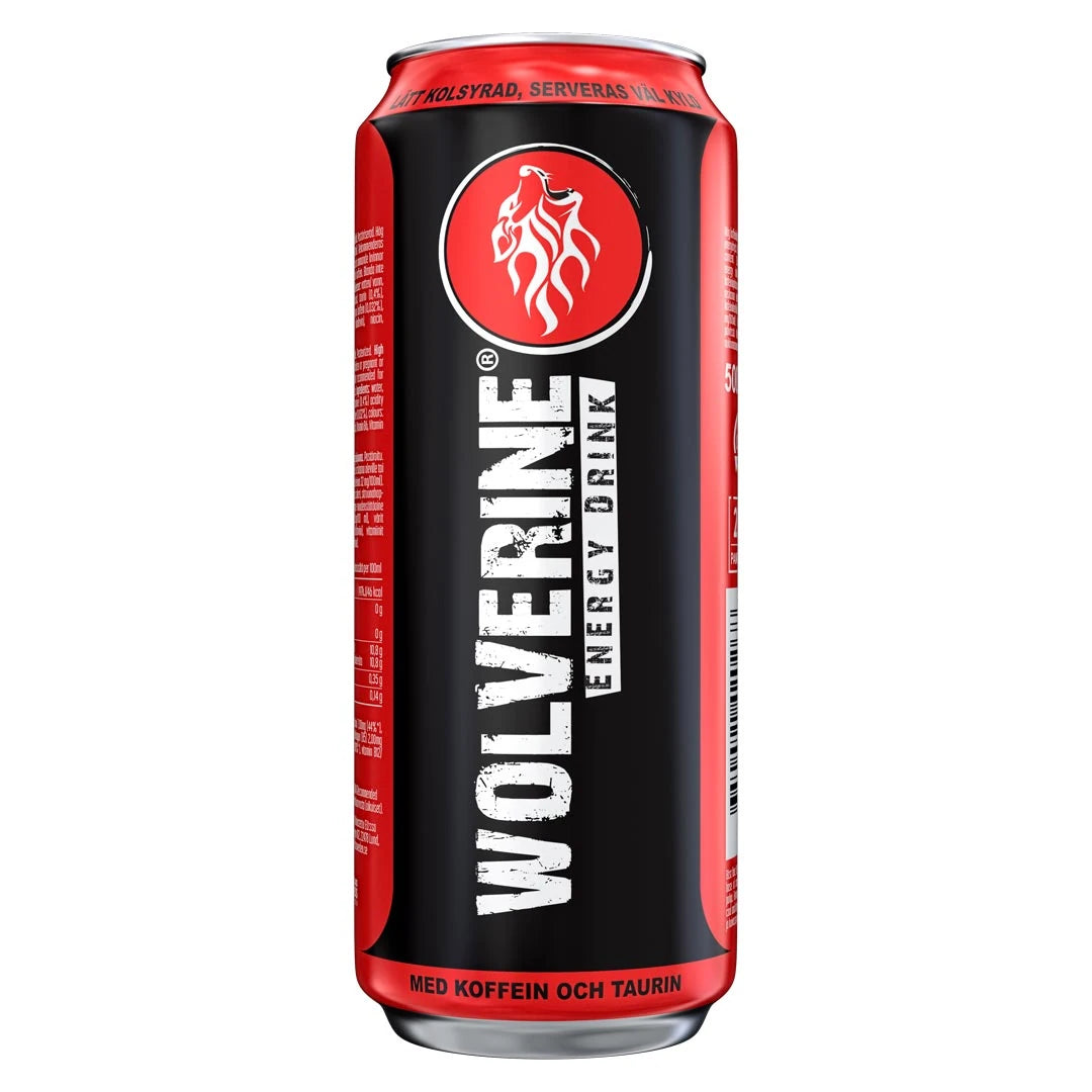 Wolverine Energy Drink 500 ml musta-punaisessa tölkissä, jossa on valkoinen logo ja teksti.