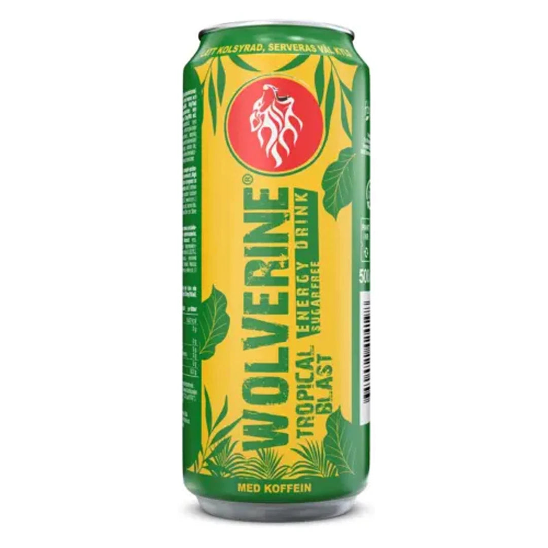 Wolverine Energy Drink 500 ml kelta-vihreässä, trooppikuvioidussa tölkissä, makuna Tropical Blast Sugarfree.