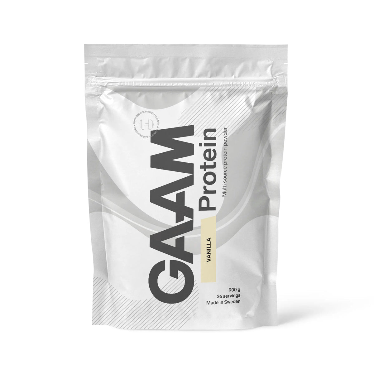 GAAM Protein 900 g -proteiinijauhe valkoisessa pussissa vaaleankeltaisilla yksityiskohdilla, makuna Vanilla.