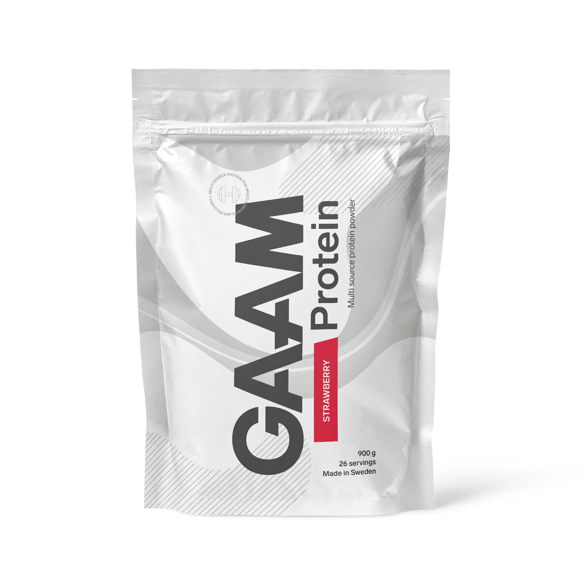 GAAM Protein 900 g -proteiinijauhe valkoisessa pussissa harmaalla tekstillä ja punaisilla yksityiskohdilla, makuna mansikka., kuva 3/6