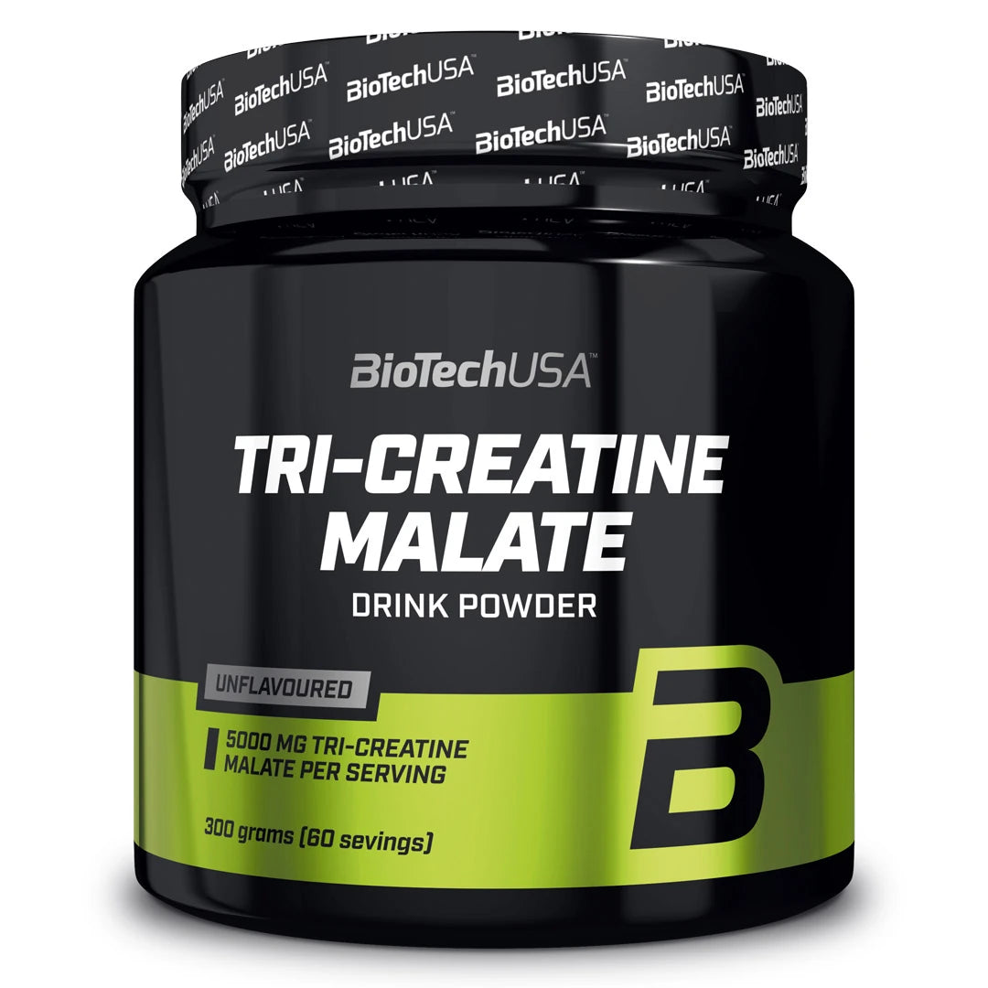 BioTechUSA Tri-Creatine Malate 300 g maustamaton kreatiinijauhe mustassa purkissa limenvihreillä yksityiskohdilla., kuva 1/1