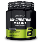 BioTechUSA Tri-Creatine Malate 300 g maustamaton kreatiinijauhe mustassa purkissa limenvihreillä yksityiskohdilla.