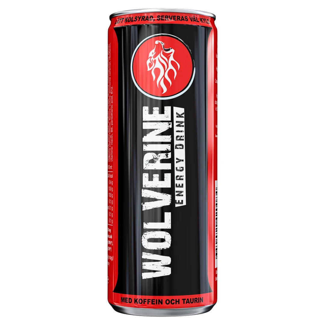 Wolverine Energy Drink 250 ml i en svart och röd burk för smaken Original., bild 1 av 3