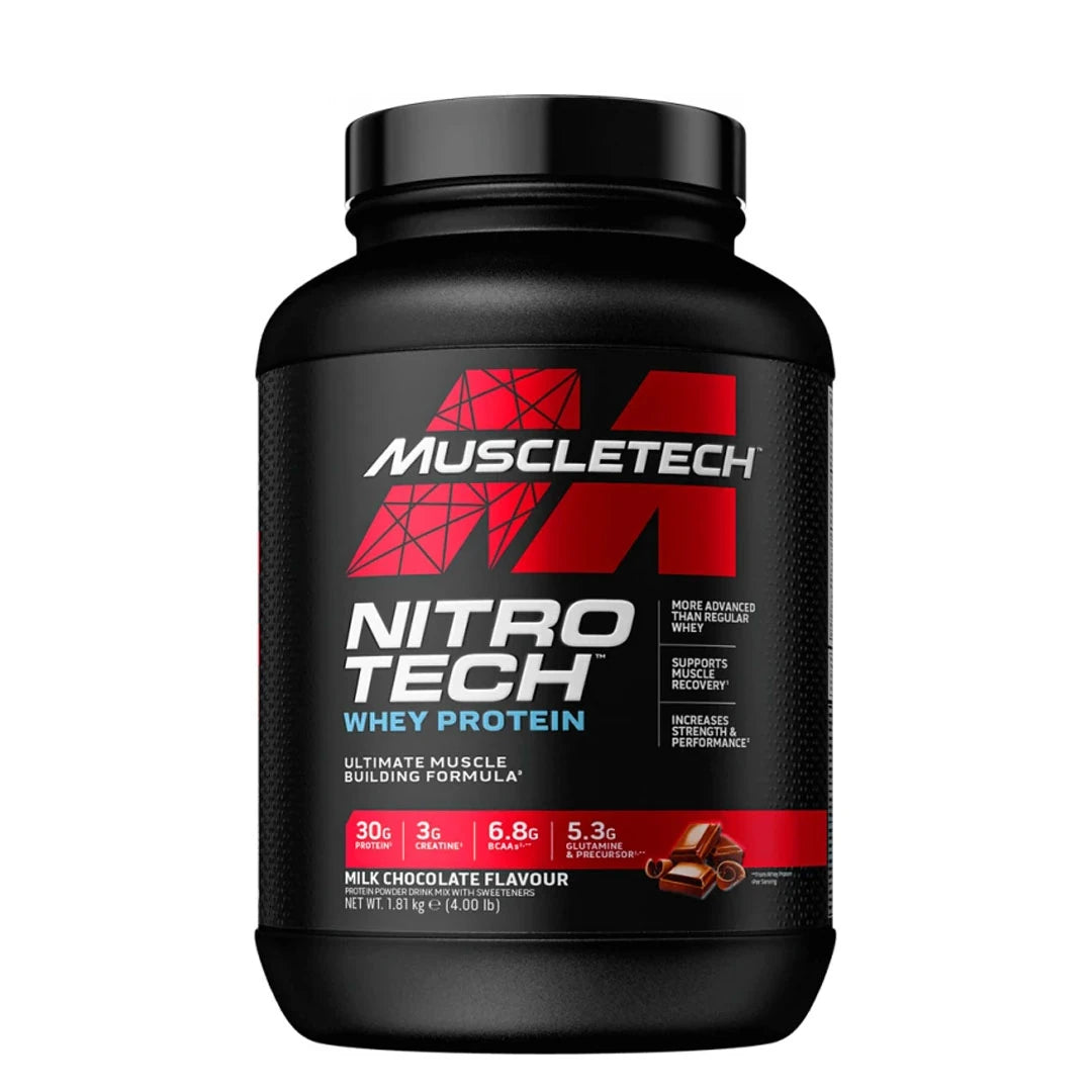MuscleTech Performance Series Nitro-Tech 1.8 kg -proteiinjauhe mustassa purkissa, jossa on punaisia yksityiskohtia ja makuna Milk Chocolate., kuva 2/2