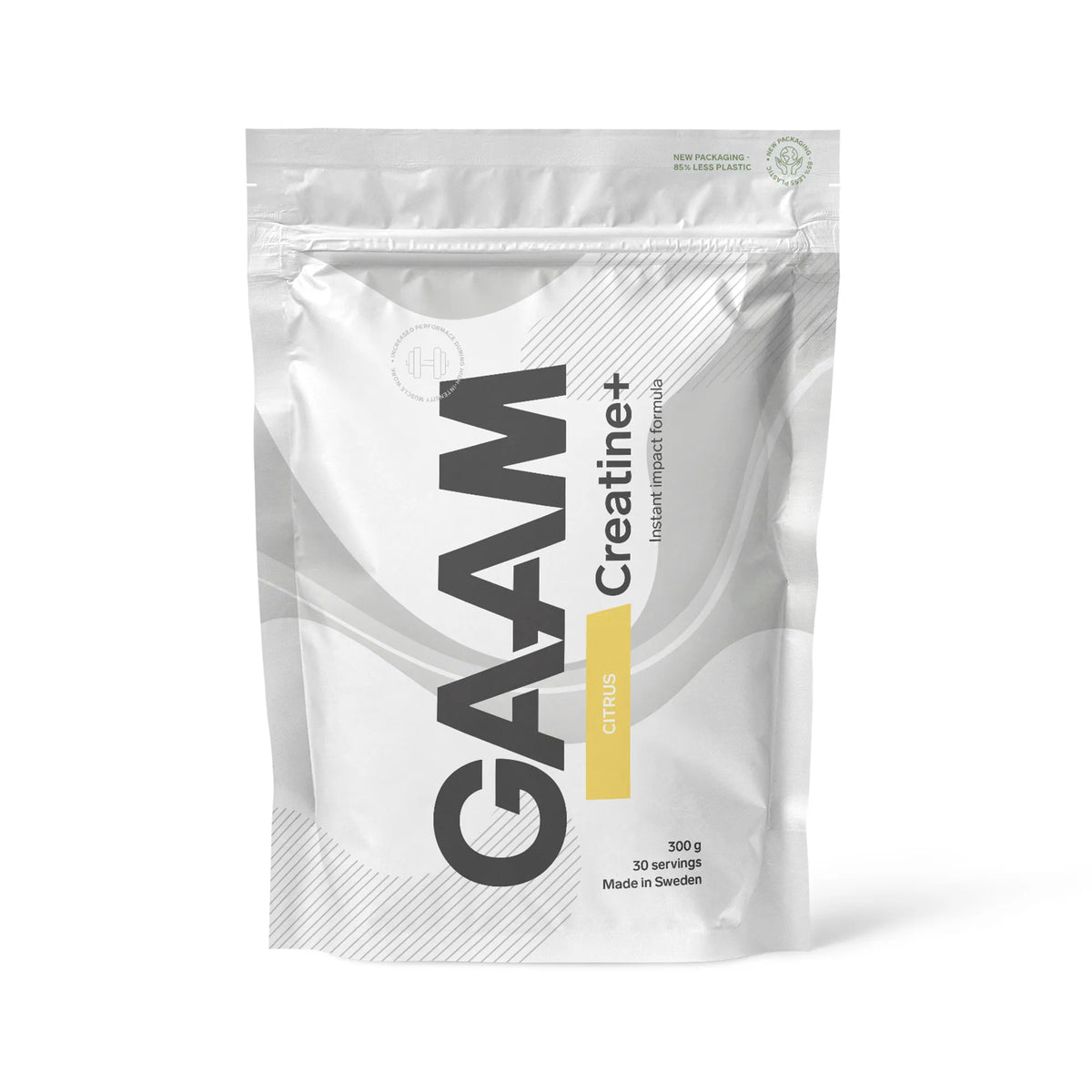 GAAM Creatine+ Kreatin 300 g i vit påse med gult fält för smaken Citrus., bild 1 av 2