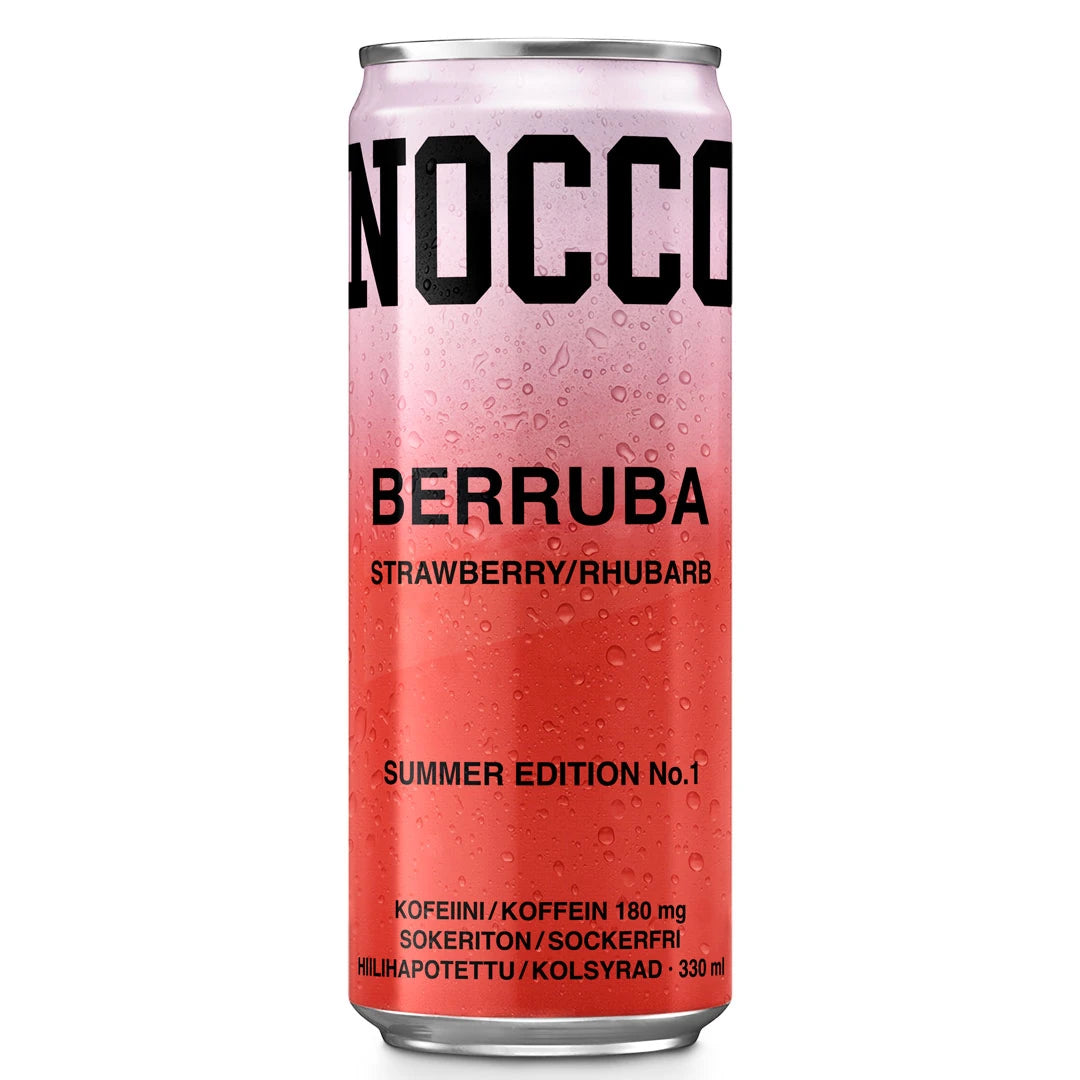 Vaaleanpunainen, huurteinen tölkki NOCCO BCAA 330 ml -energiajuomaa maussa Berruba., kuva 8/16