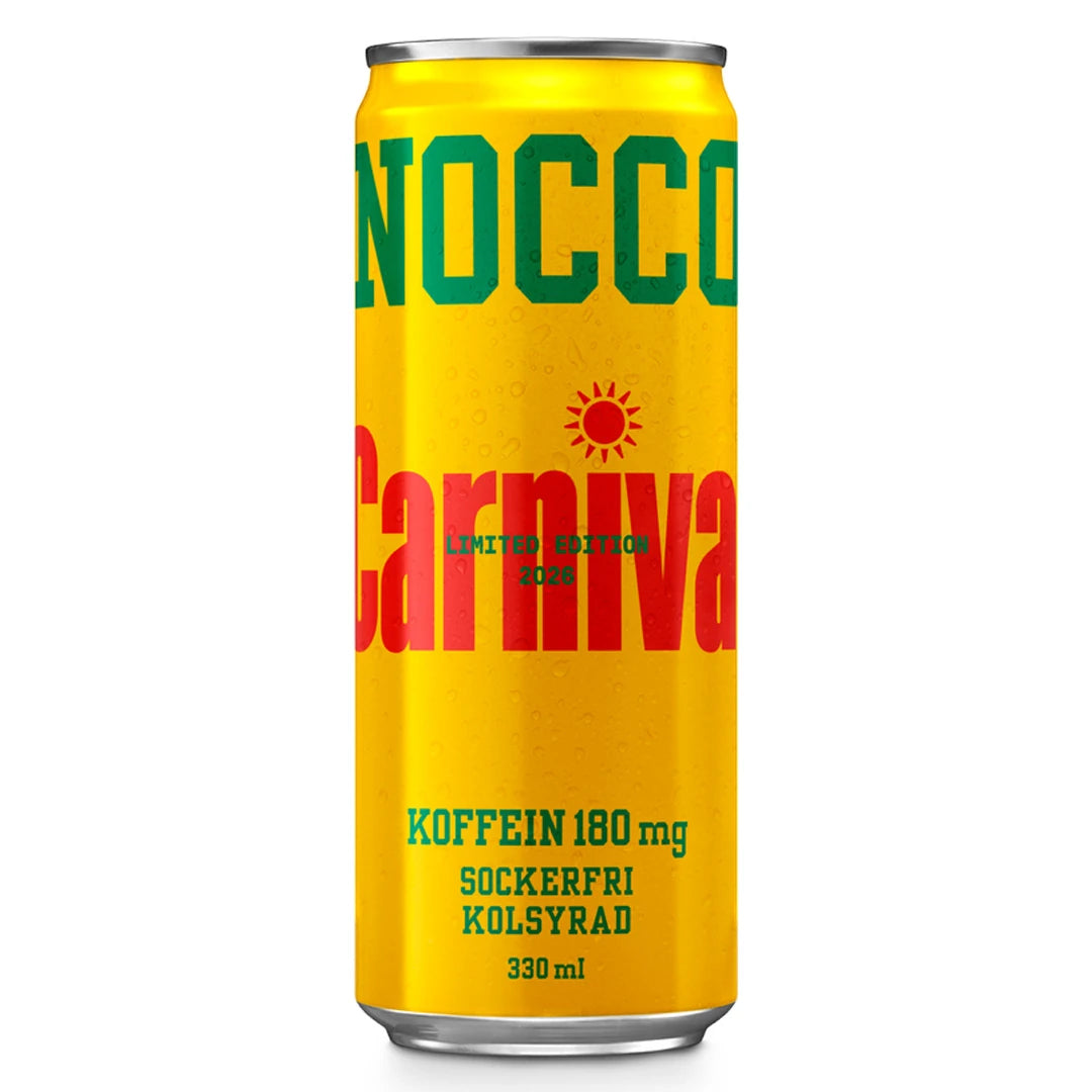 Keltainen NOCCO BCAA 330 ml -tölkki Carnival-maussa punaisilla ja vihreillä yksityiskohdilla., kuva 12/16