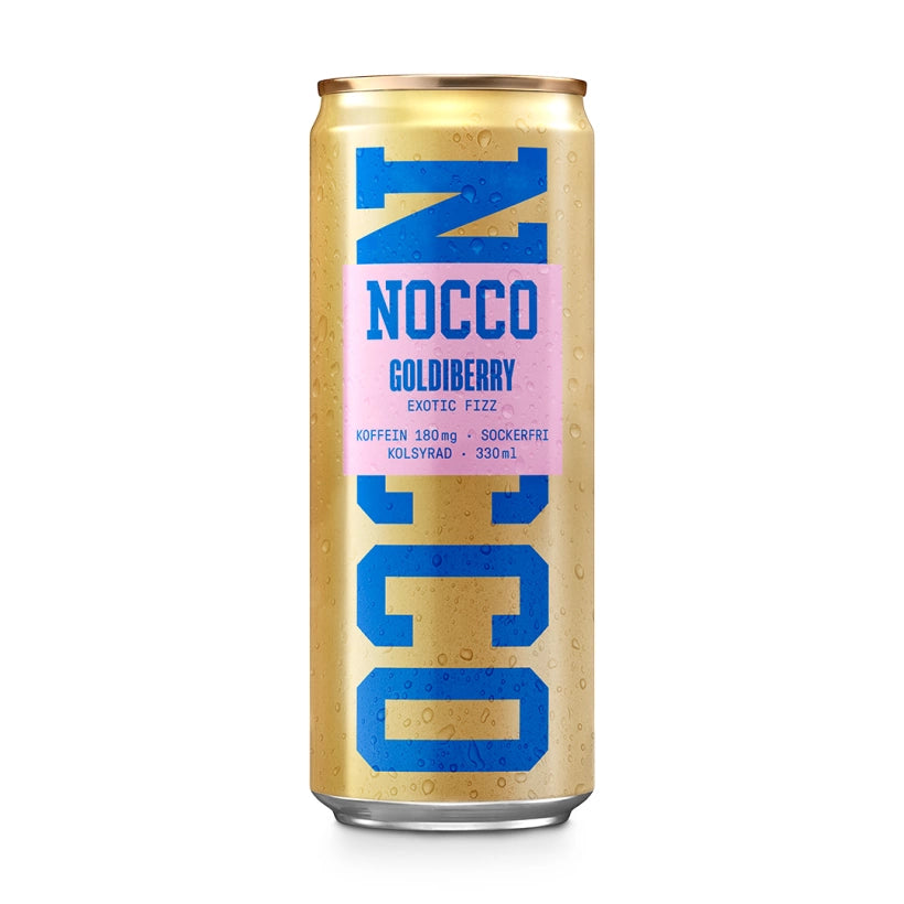 Kultainen tölkki NOCCO BCAA 330 ml -energiajuomaa, jossa on sininen logo ja makuna Goldiberry., kuva 1/16