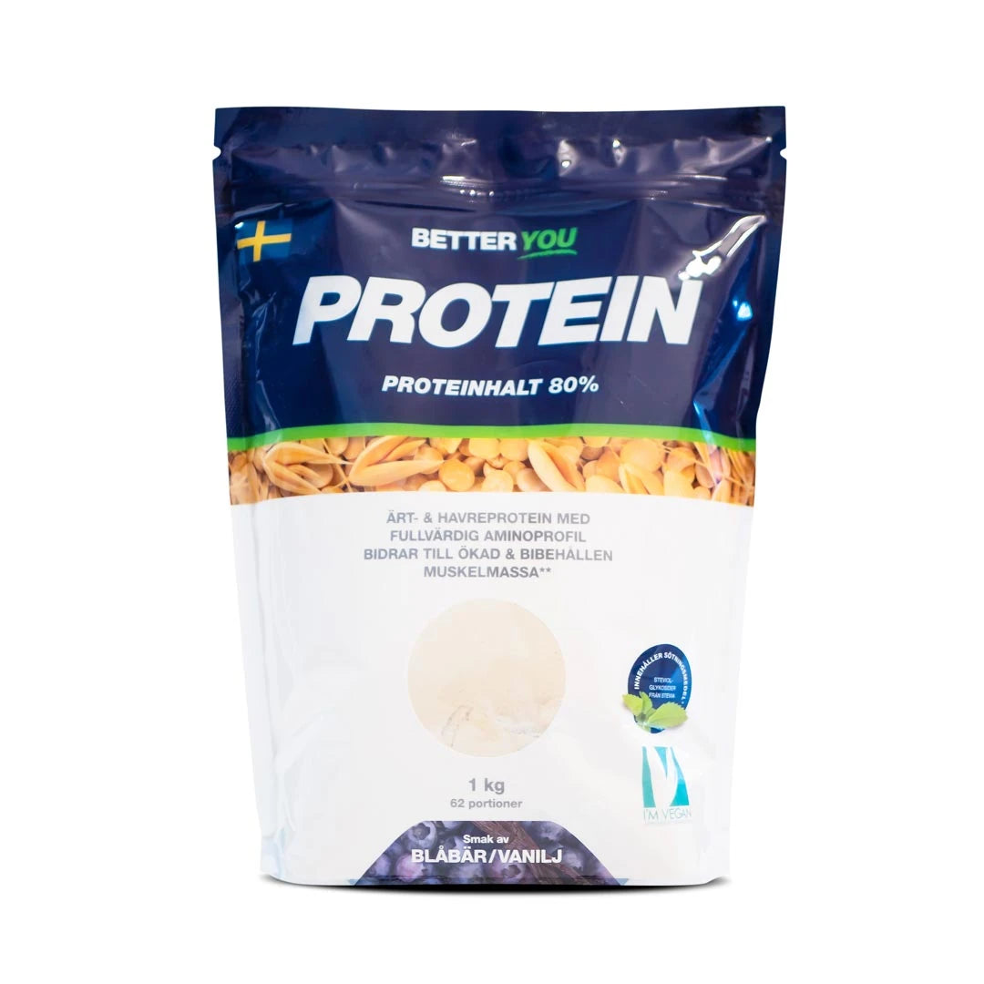 Valkoinen ja tummansininen pussi vegaanista Better You Ärt &amp; Havreprotein 1 kg -proteiinijauhetta, makuna mustikka-vanilja., kuva 1/1