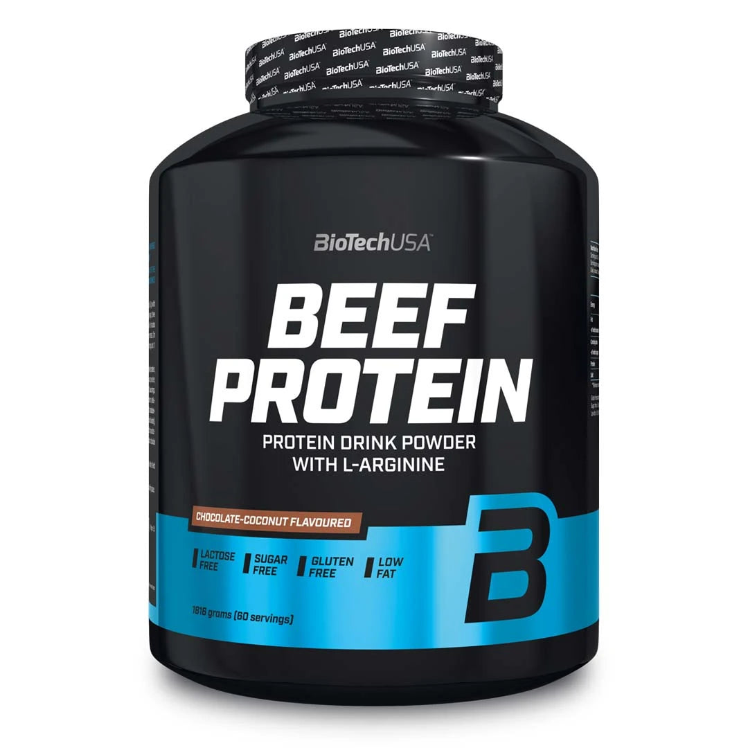 BioTechUSA Beef Protein 1.816 kg -proteiinijauhe mustassa purkissa sinisillä yksityiskohdilla, makuna Chocolate Coconut., kuva 1/1