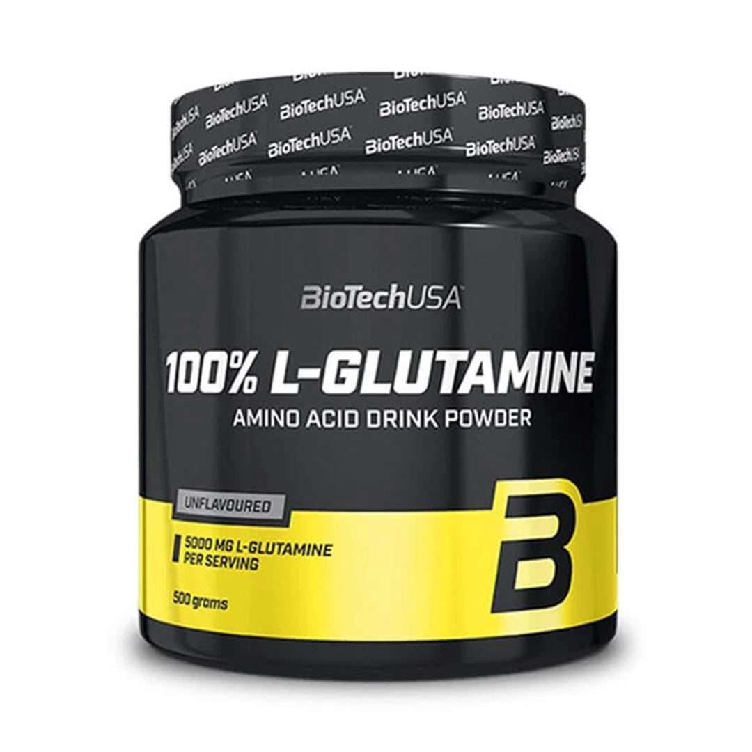 BioTechUSA 100% L-glutamine 500 g -aminohappo mustassa purkissa keltaisilla yksityiskohdilla, makuna Unflavoured., kuva 1/1