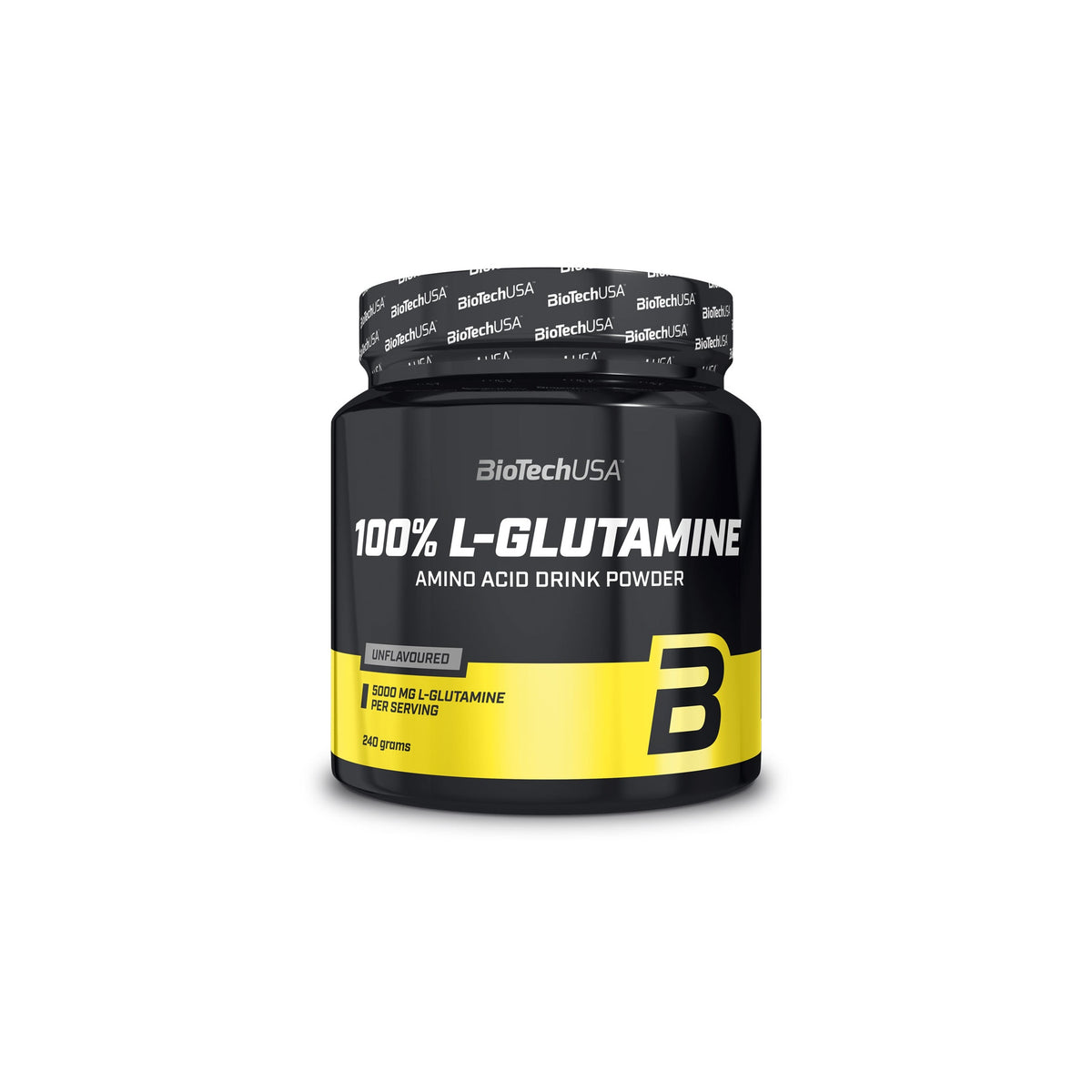 BioTechUSA 100% L-glutamine 240 g -aminohappojauhe mustassa purkissa keltaisilla yksityiskohdilla, maustamaton.