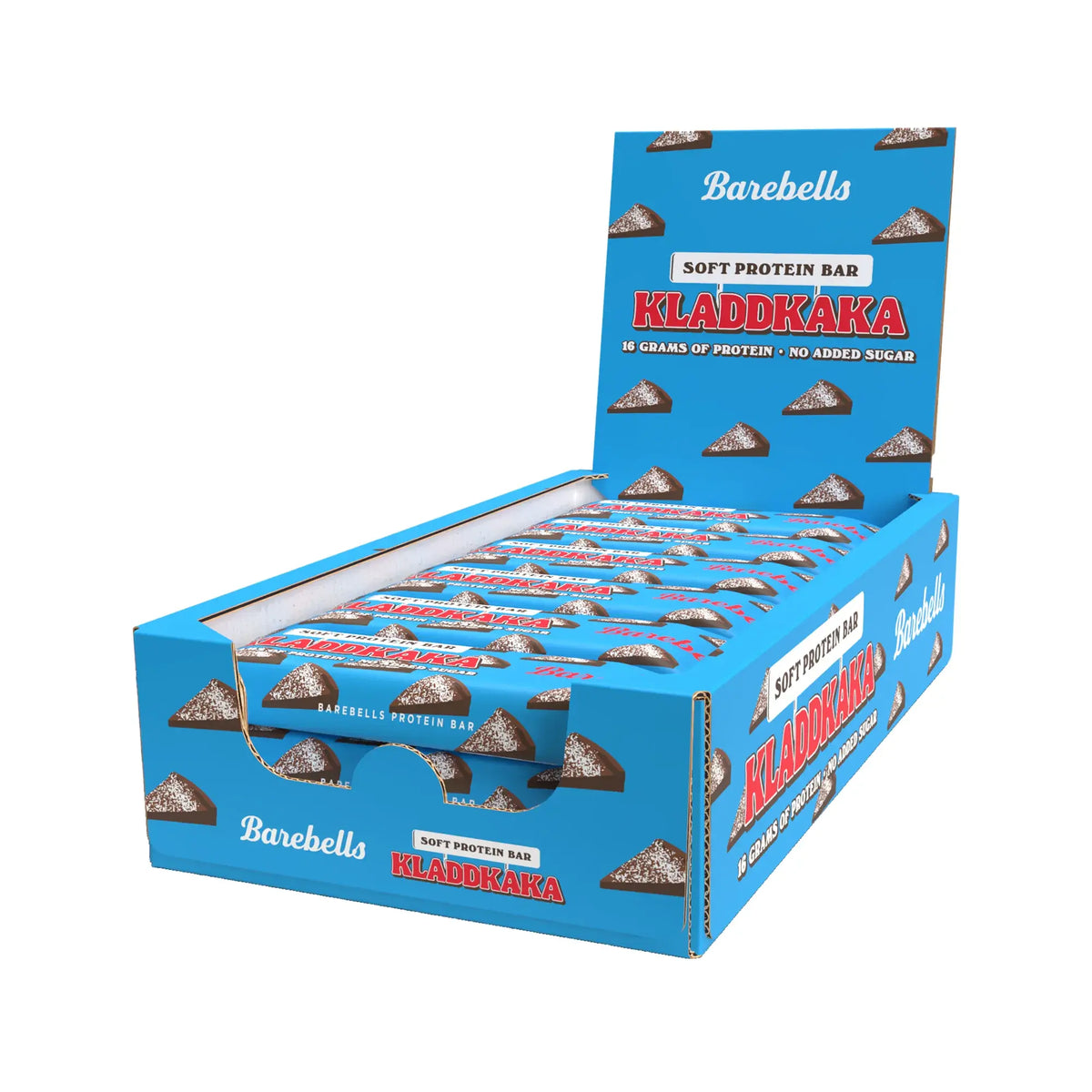 12 x Barebells Soft Protein Bar 45 g Kladdkaka sinisessä esittelylaatikossa, jossa on mutakakkuviipaleiden kuvia.