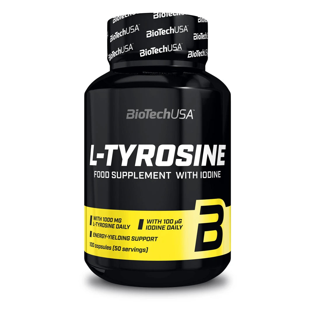 BioTechUSA L-tyrosine 100 caps -ravintolisä mustassa purkissa, jossa on keltaisia ja valkoisia yksityiskohtia., kuva 1/1