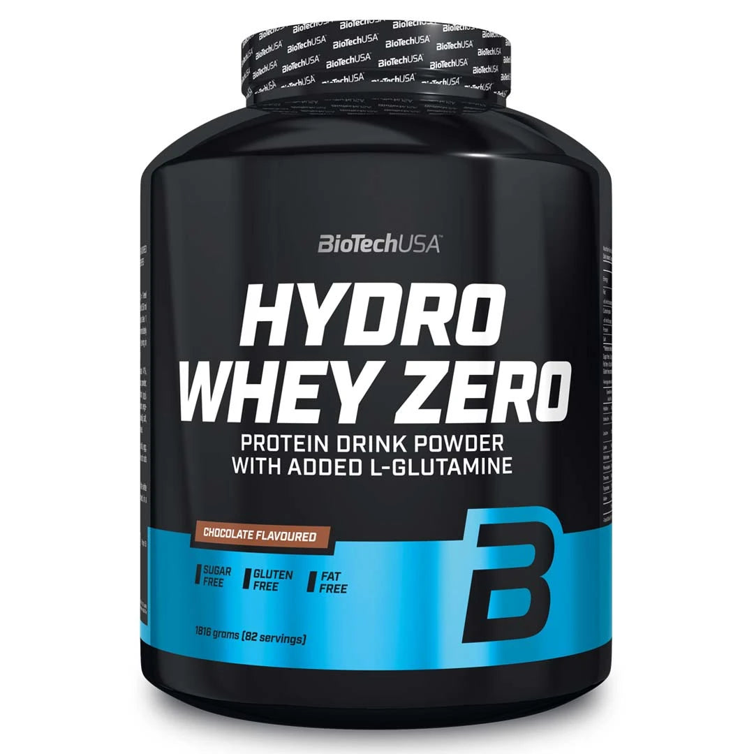 BioTechUSA Hydro Whey Zero 1.8 kg -proteiinijauhe makuna Chocolate, mustassa purkissa vaaleansinisillä yksityiskohdilla.