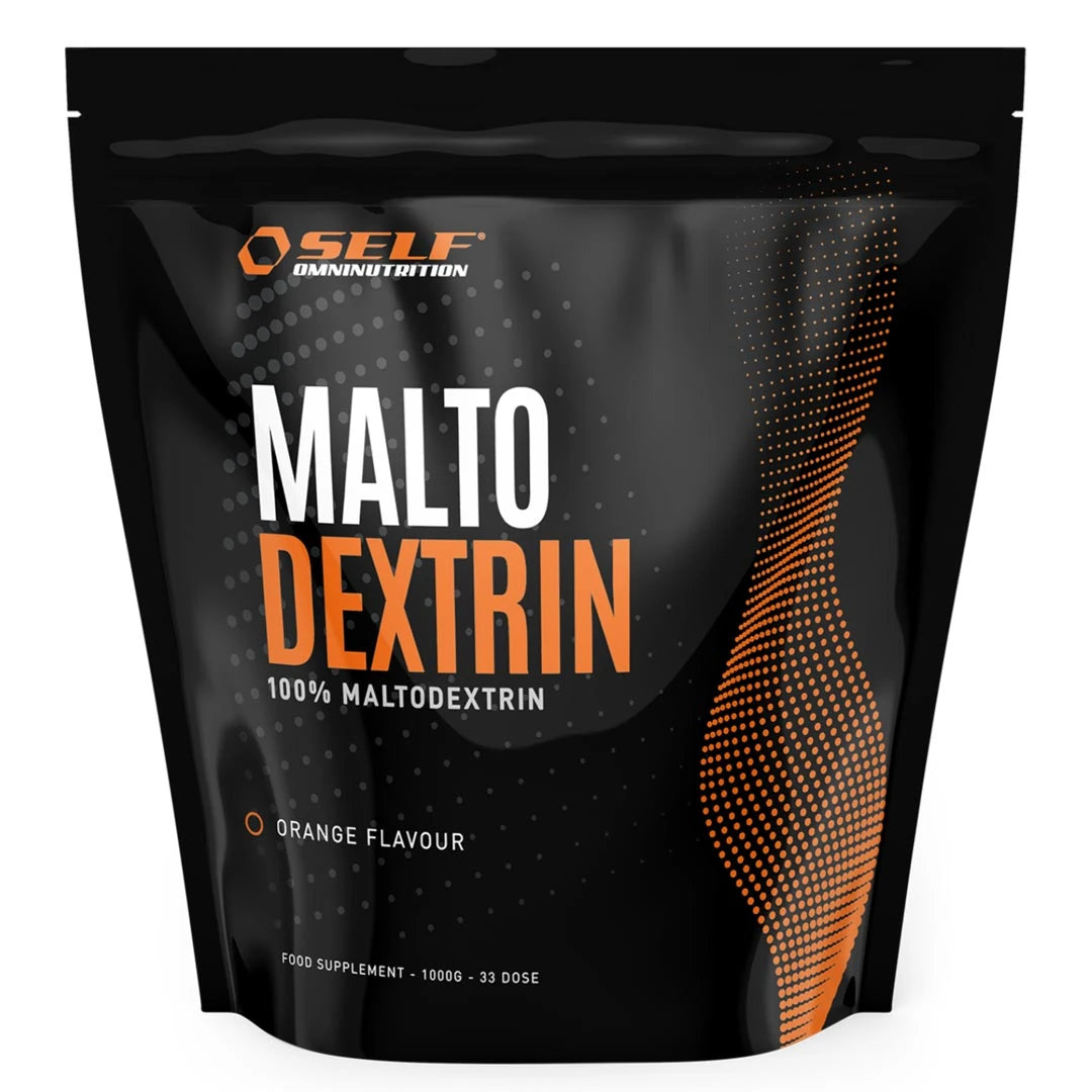 Self Omninutrition Maltodextrin 1 kg -hiilihydraattijauhe mustassa pussissa oransseilla yksityiskohdilla., kuva 1/1