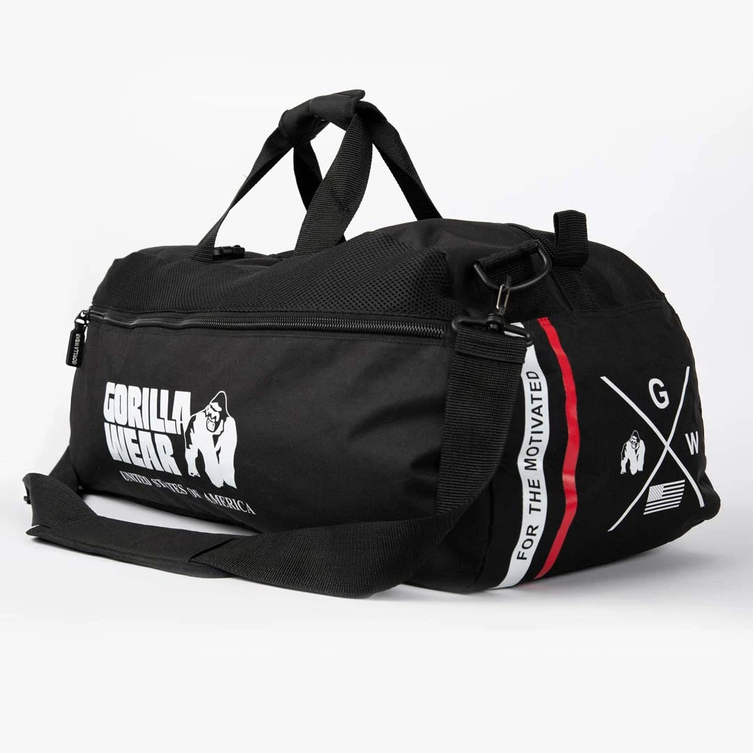 Musta polyesterinen Gorilla Wear Norris Hybrid Gym Bag/Backpack Black -treenikassi punavalkoisilla yksityiskohdilla., kuva 1/1