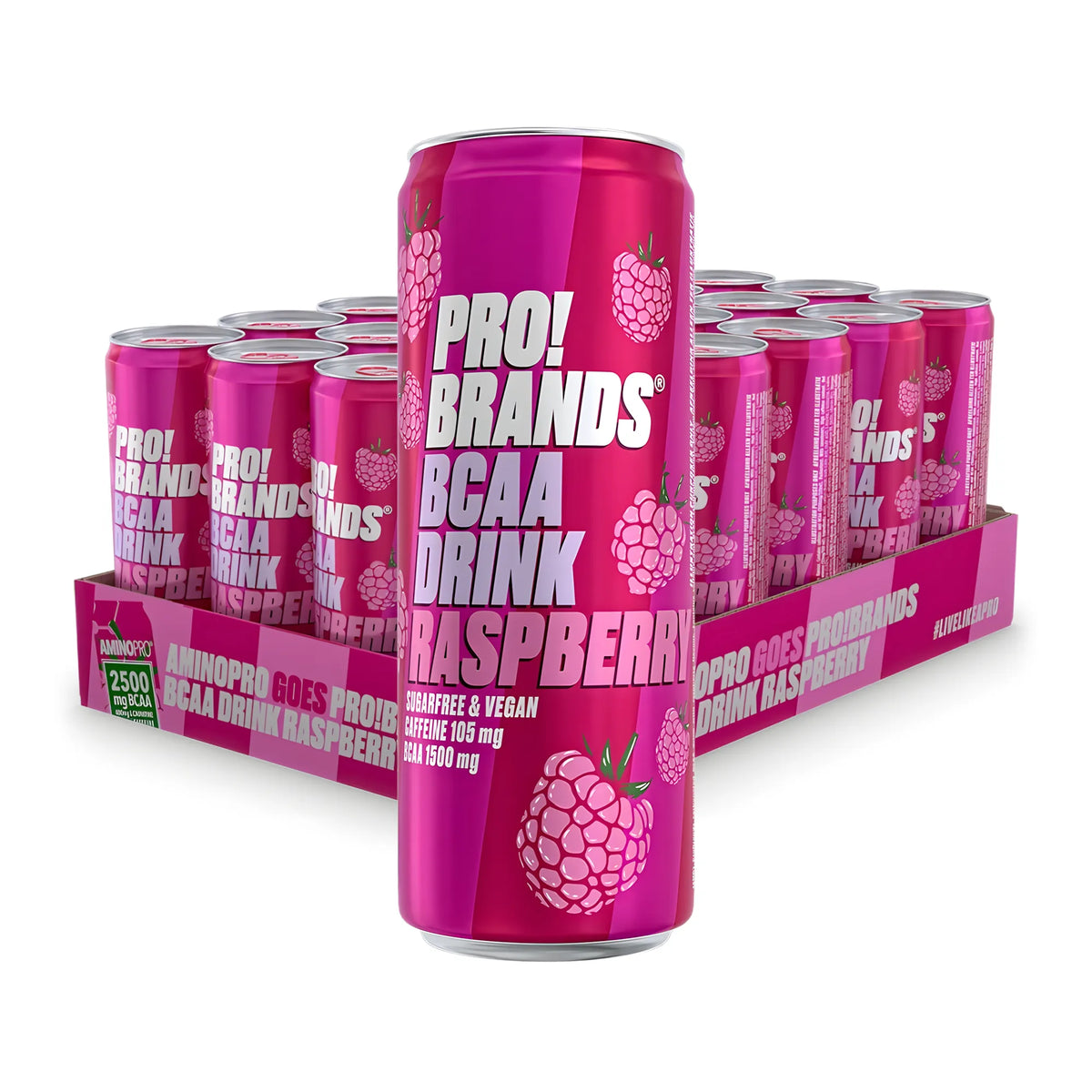 24 x Pro Brands BCAA Drink 330 ml Raspberry violetinpinkissä laatikossa täynnä vadelmanmakuisia tölkkejä.