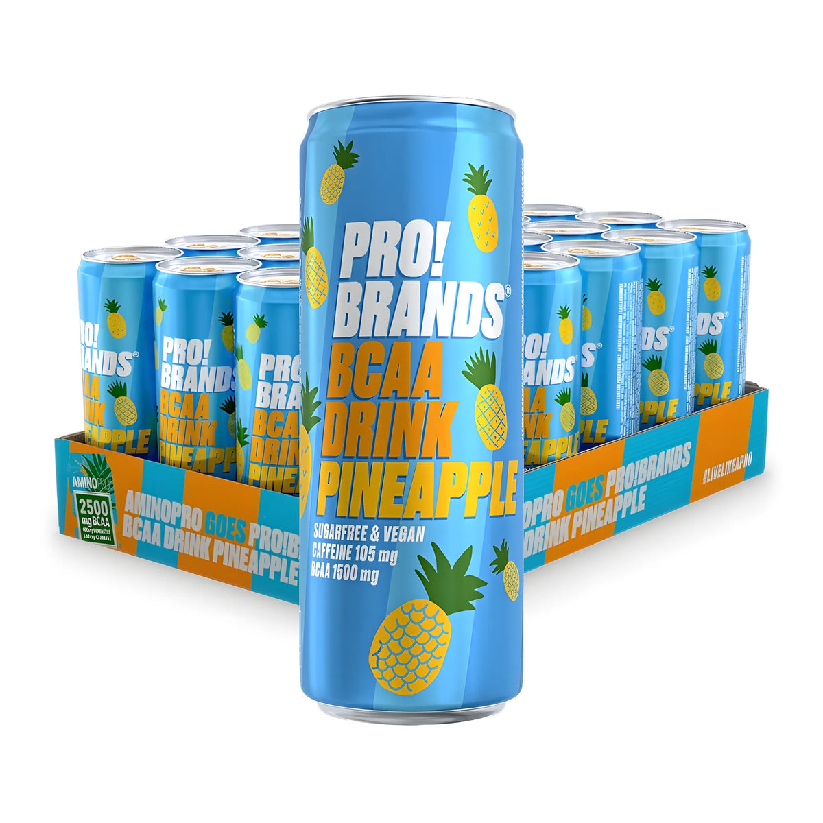 24 x Pro Brands BCAA Drink 330 ml Pineapple oranssi-turkoosissa laatikossa, jossa vaaleansinisiä tölkkejä ananaskuvioilla., kuva 1/1