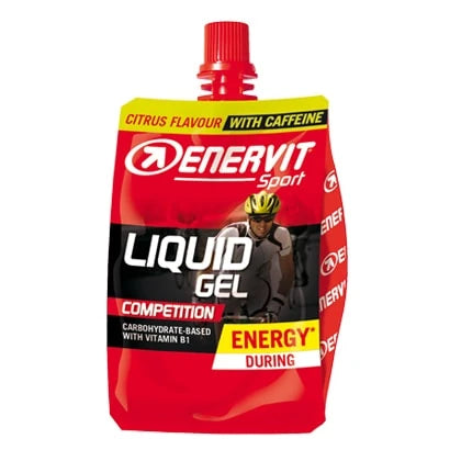 Enervit Liquid Gel Competition 60 ml -energiageeli punaisessa pakkauksessa keltaisilla yksityiskohdilla, makuna sitrus., kuva 1/1