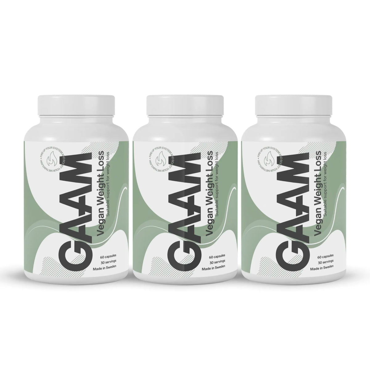 3 x GAAM Vegan Weight loss 60 caps i vita burkar med grönvita etiketter med svart text.