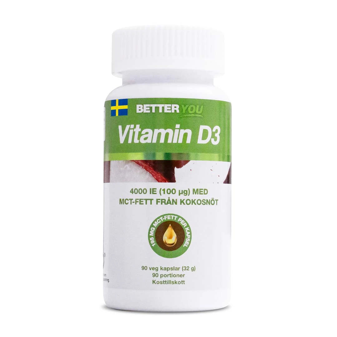 Valkoinen purkki vihreillä yksityiskohdilla, joka sisältää Better You Vitamin D3 4000 IE + MCT 90 caps -ravintolisää., kuva 1/1