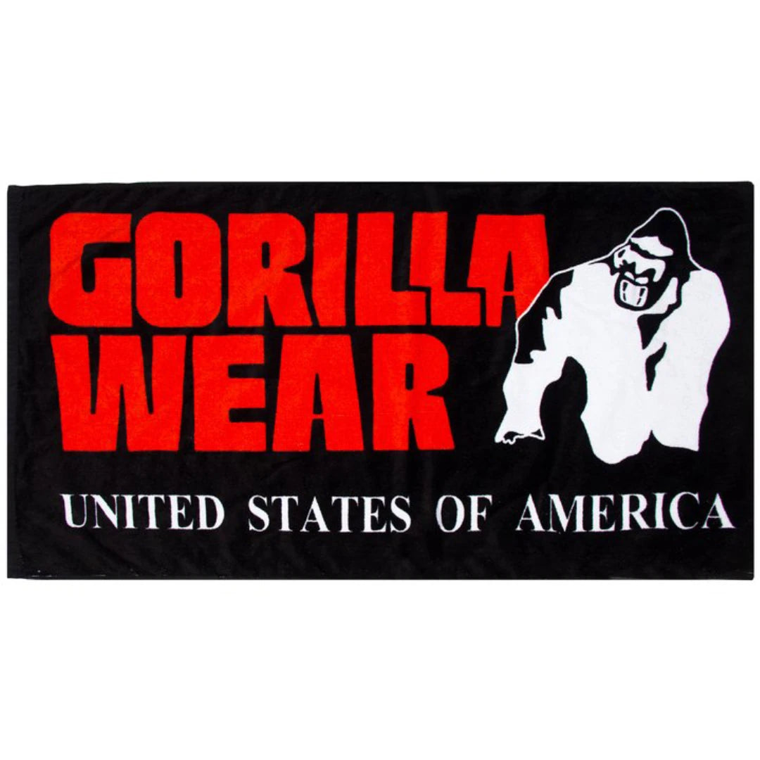 Gorilla Wear Classic Gym Towel Black & Red, en svart gymhandduk i bomullsfrotté med stort rött och vitt tryck.
