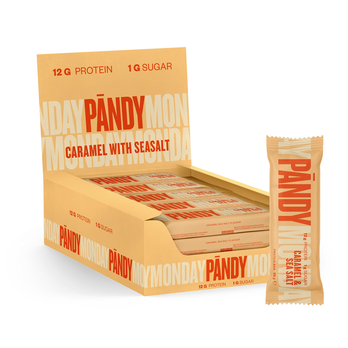 18 x Pändy Protein Bar 35 g Nougat with Hazelnut ruskeassa laatikossa, jonka edessä on vastaava proteiinipatukka.