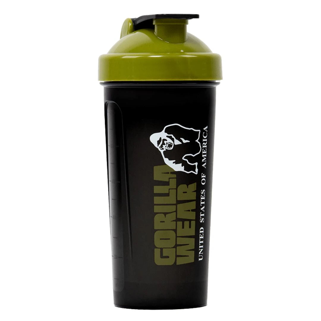 Gorilla Wear XXL Shaker Black & Army Green, 1000 ml musta muovishaker armeijanvihreällä kannella.