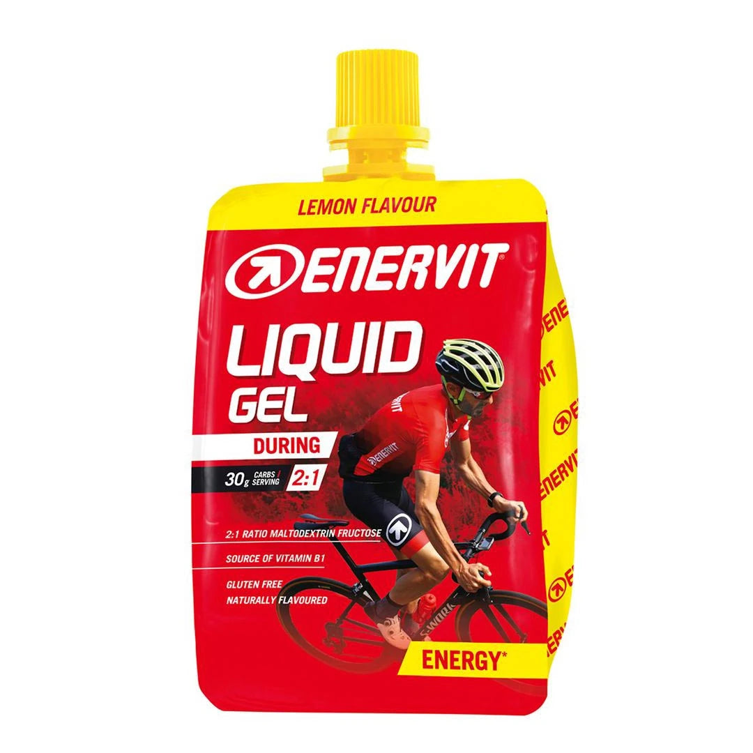 Enervit Liquid Gel 60 ml -energiageeli punakeltaisessa pussissa, makuna Lemon Flavour ja kuvituksena pyöräilijä., kuva 1/1