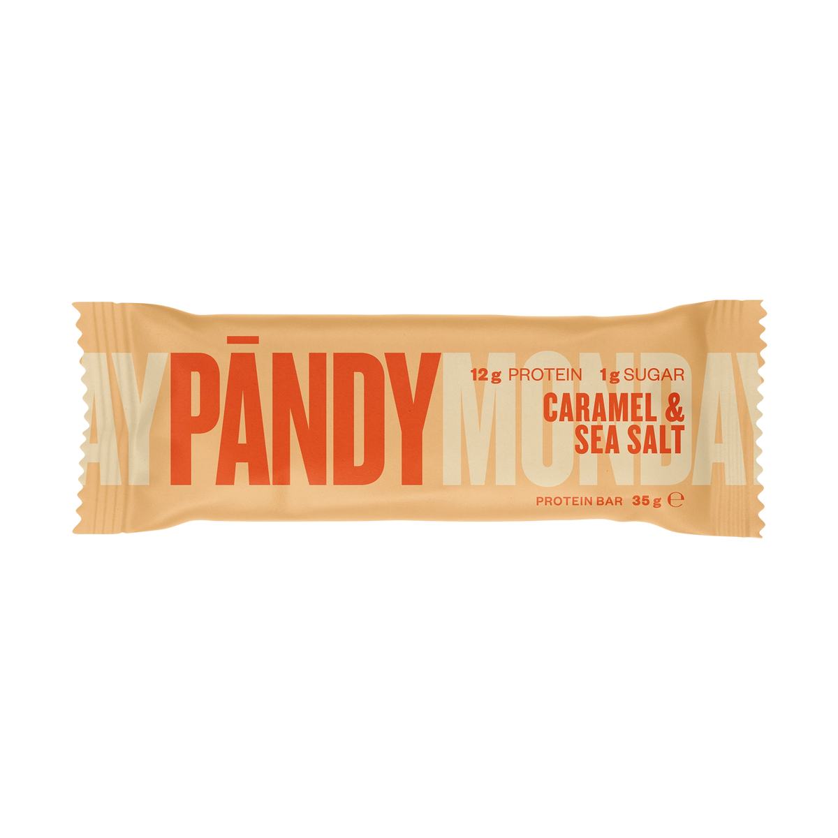 Pändy Protein Bar 35 g beigessä pakkauksessa oranssilla tekstillä, makuna Caramel &amp; Sea Salt., kuva 1/1