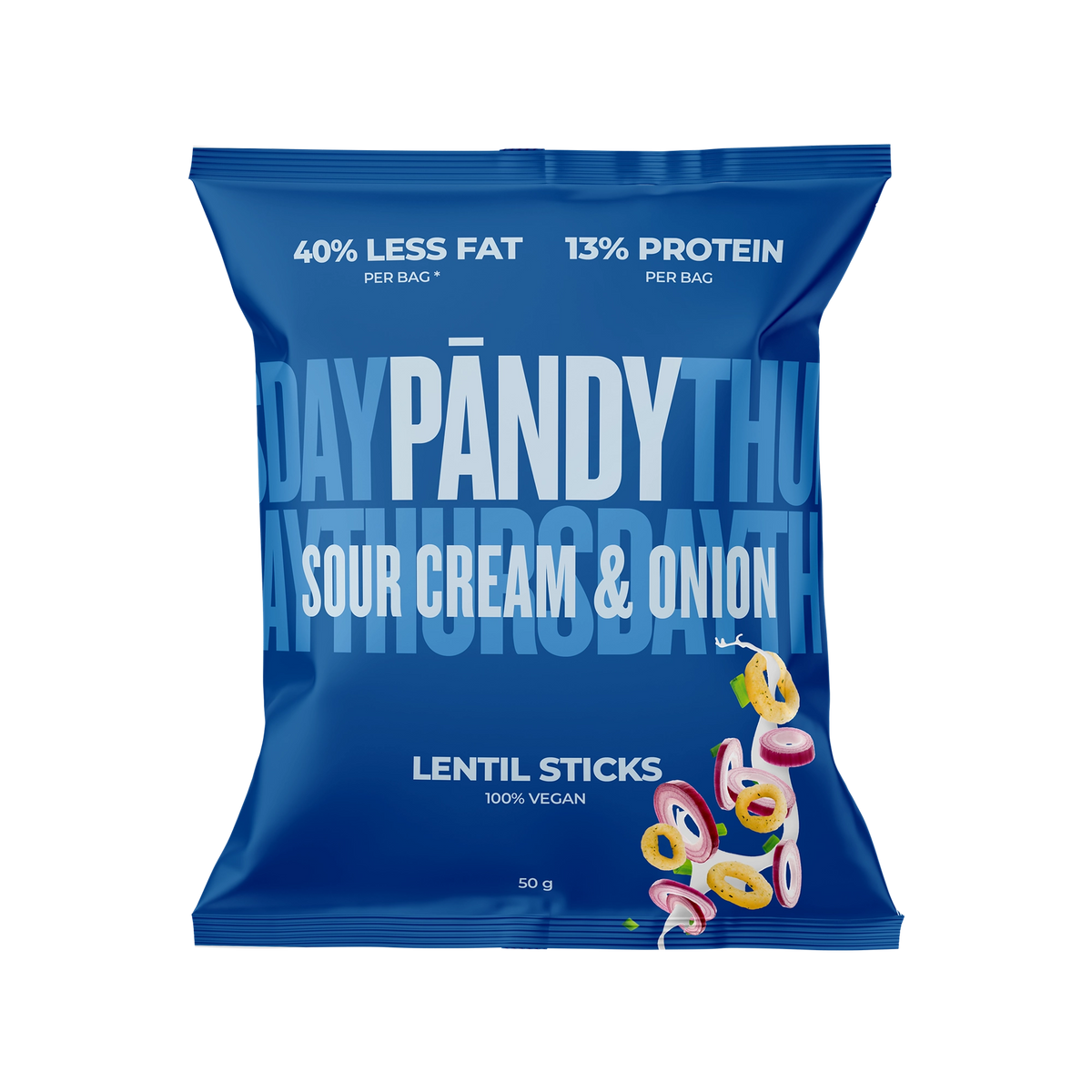 Pändy Lentil Snacks 50 g -linssisipsit tummansinisessä pussissa, makuna Sourcream & Onion.