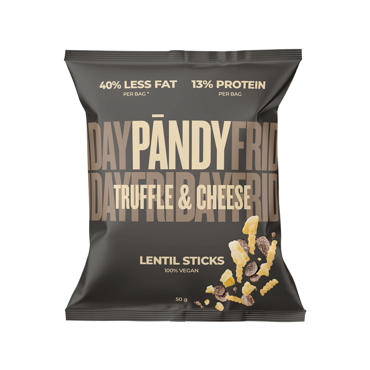 Pändy Lentil Snacks 50 g linssisipsit tummanruskeassa pussissa beigellä tekstillä, makuna Truffle & Cheese.